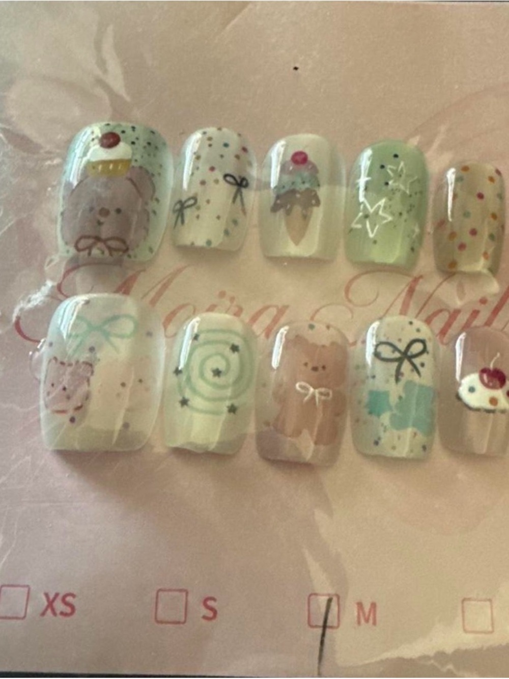 Cute Pastel Bear & Sweets Press-On Nails - Mint, Cream, Pink